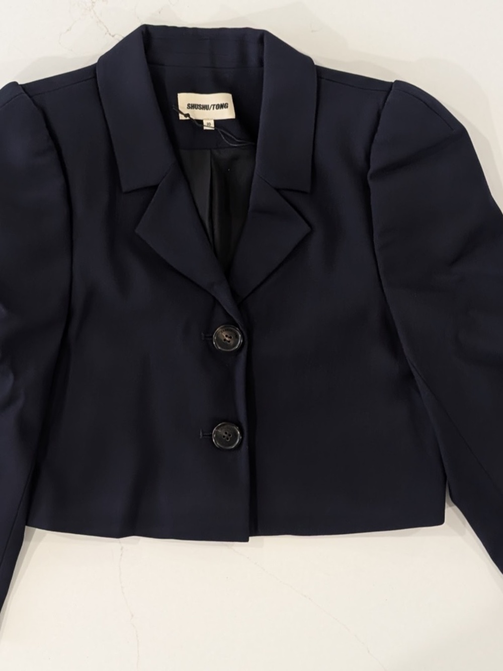 SHUSHU/TONG Cropped Puff Sleeve Blazer Navy Blue Jacket Med Size UK 10 Wool Silk